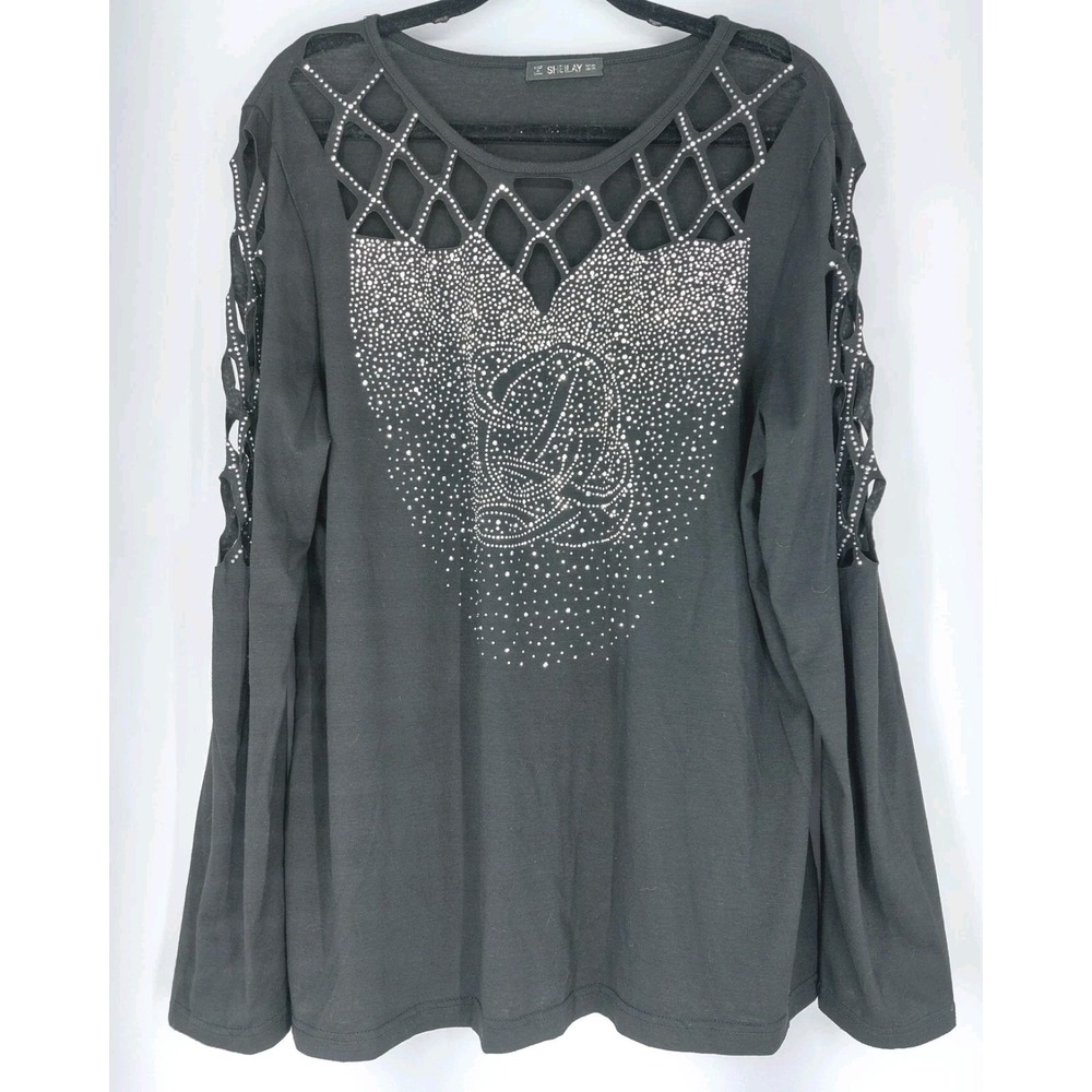 Sheilay Rhinestone‎ Embellished Long Sleeve Black Top Womens Size XXL Lattice